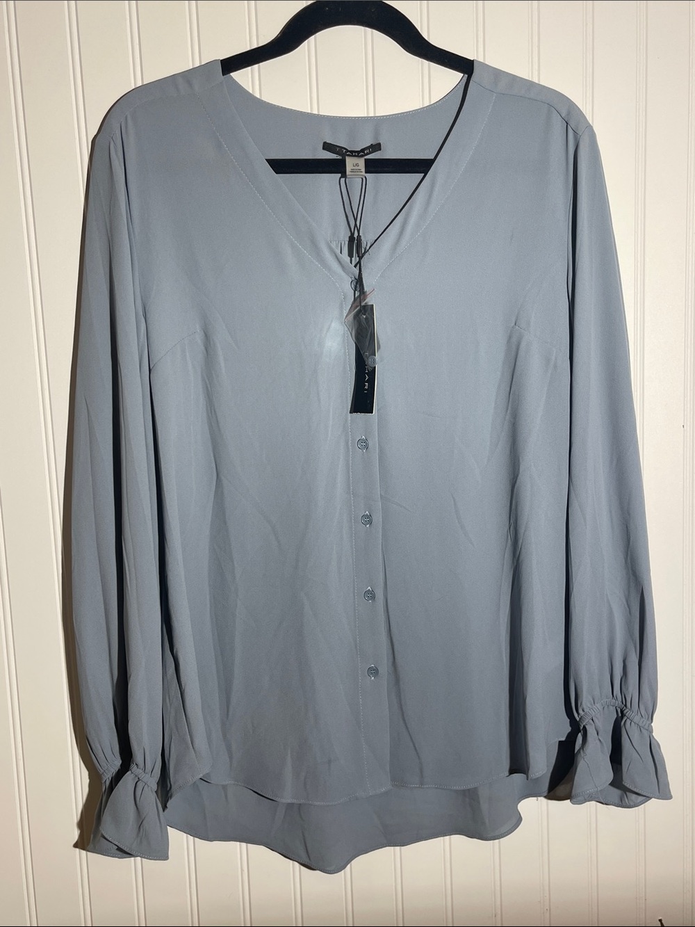 Tahari Soft Blue Button-Front V-Neck Blouse